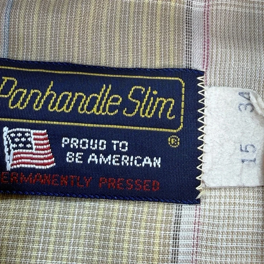 Vtg Panhandle Slim Men M Western Snap-Front Shirt Tan Olive Plaid 15 34 USA 70's